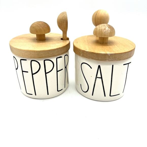 Rae Dunn Magenta Large Letter Salt & Pepper Cellars Red Stitch w/ lids & spoons - Picture 1 of 8